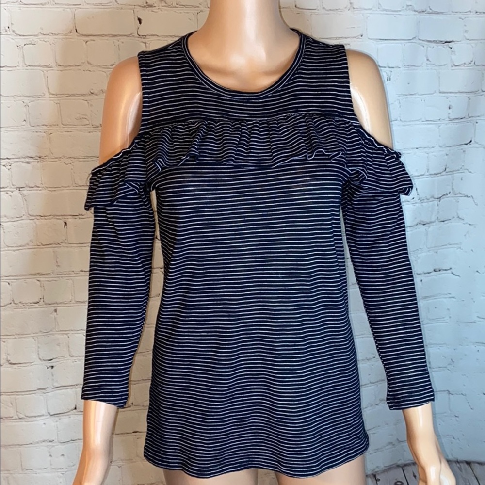 LOFT navy blue and white striped top with ruffles size small boho